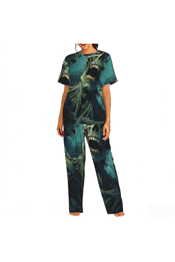 Womens Pajamas Set Loungewear Short Sleeve Top Pants Soft Sleepwear Pjs Sets, Zombie Skull Art