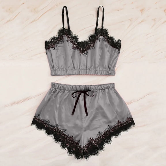 Womens Pajamas Set Plus Size Trendy V Neck Sleeveless Strap Nightwear Lace Trim Satin Cami Top Sleepwear Gray L