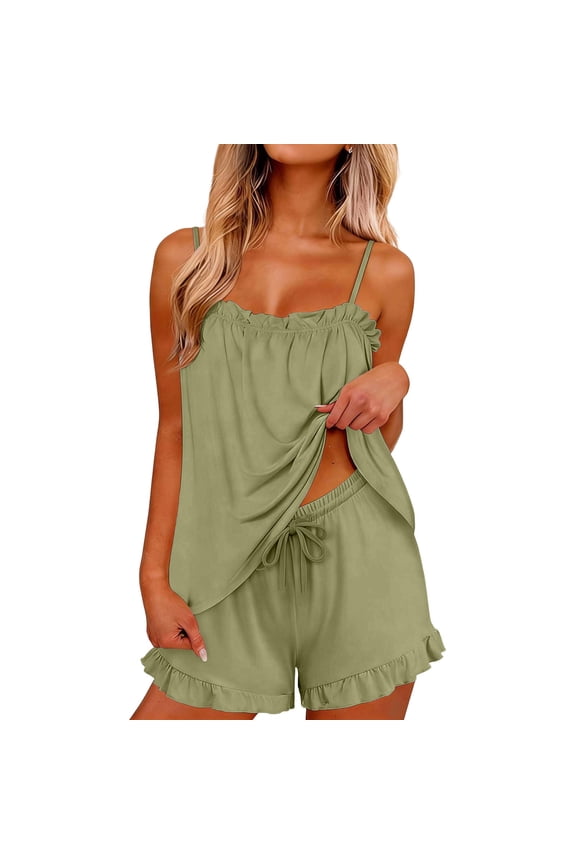 Womens Pajamas Set Ruffle Trim Cami Top and Drawstring Shorts Loungewear Silk Two Piece Sleepwear Set Pleated Camisole Sexy Intimate Underwear Pjs Set, Light Green, S
