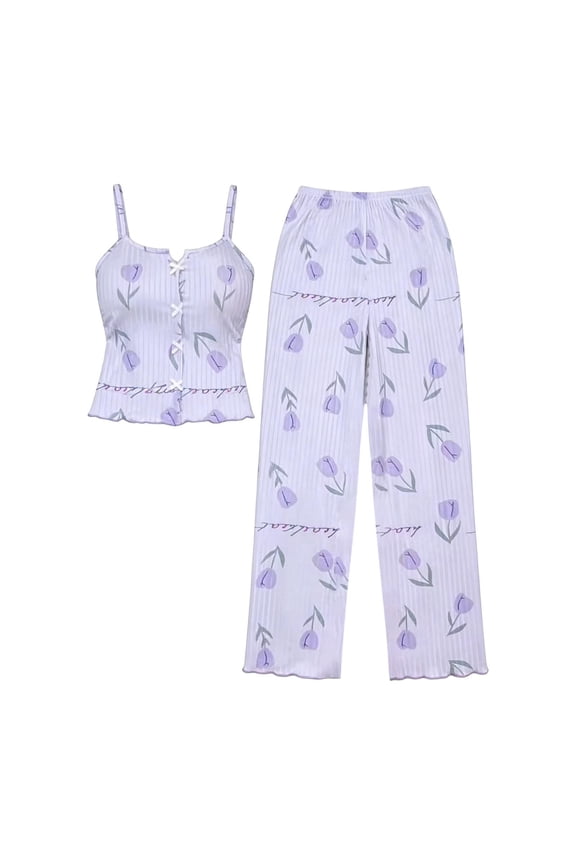 Womens Pajamas Set Satin Lace Trim Floral Print Mesh Patchwork Pants Sleepwear for Womens