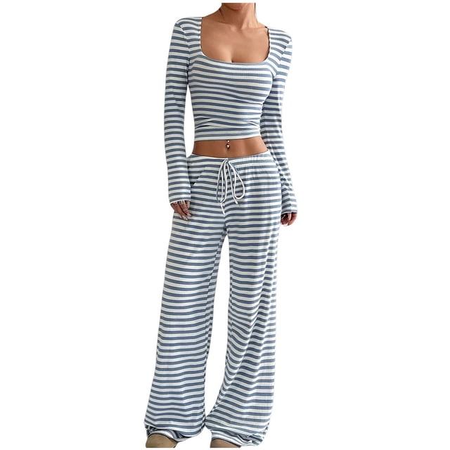 Womens Pajamas Set Sevevn Womens Casual Stripe Round-Neck Long Sleeve Blouse Fashion Pants Pajamas Suit