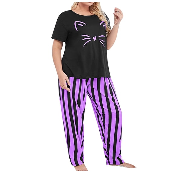Womens Pajamas Set Short Sleeve Crew Neck Sleepwear Tops with Stripe Long Pants Two Pieces Nightwear Oversized Loungewear