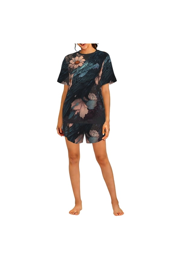 Womens Pajamas Set Short Sleeve Top Pants Soft Sleepwear Loungewear Pjs Sets, Crow Flowers Raven Gothic