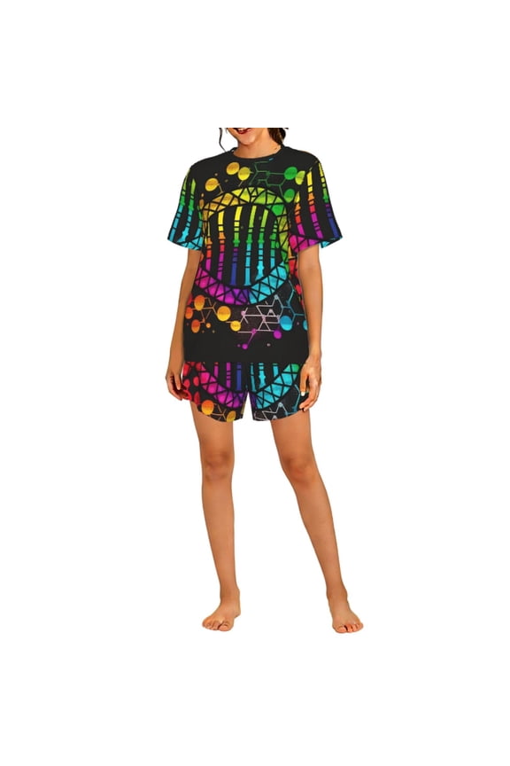 Womens Pajamas Set Short Sleeve Top Pants Soft Sleepwear Loungewear Pjs Sets, DNA Rainbow LGBT Pride Science