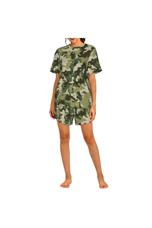 Womens Pajamas Set Short Sleeve Top Pants Soft Sleepwear Loungewear Pjs Sets, Military Camouflage Green Camo