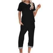 Womens Pajamas Set Short Sleeve V Neck Top with Capri Pants with Pockets Casual Sleepwear Pjs Loungewear Sets S-XXL