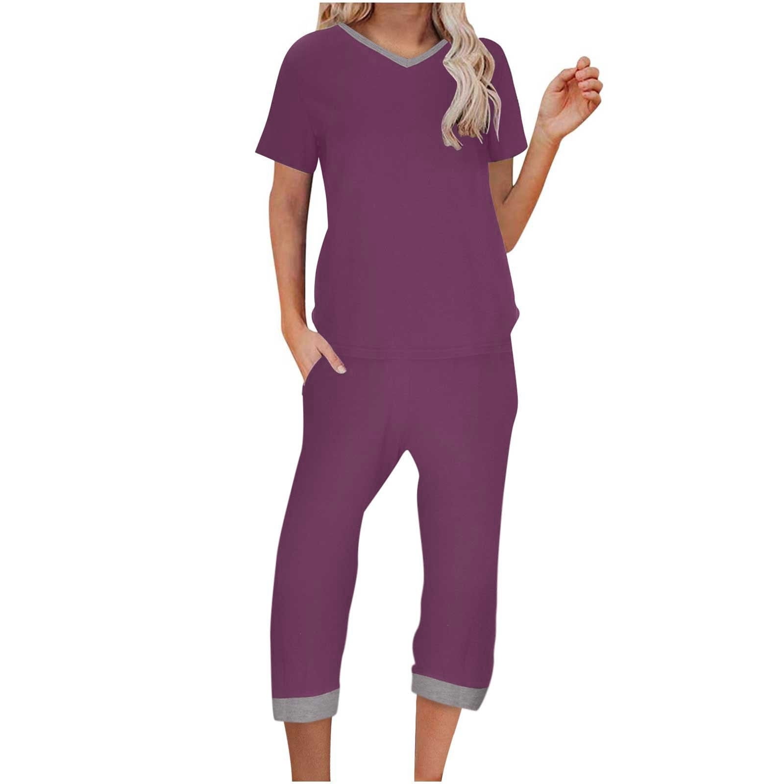 Womens Pajamas Set Short Sleeve V Neck Top with Capri Pants with ...