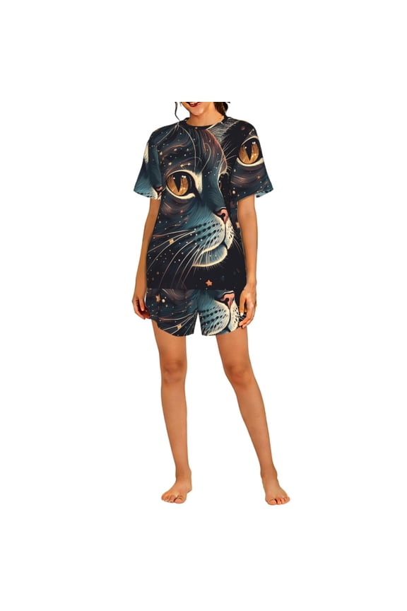 Womens Pajamas Set Short Sleeve and Shorts 2 Piece PJ Sets Soft Loungewear, Cat Face Starry Cute Kitty
