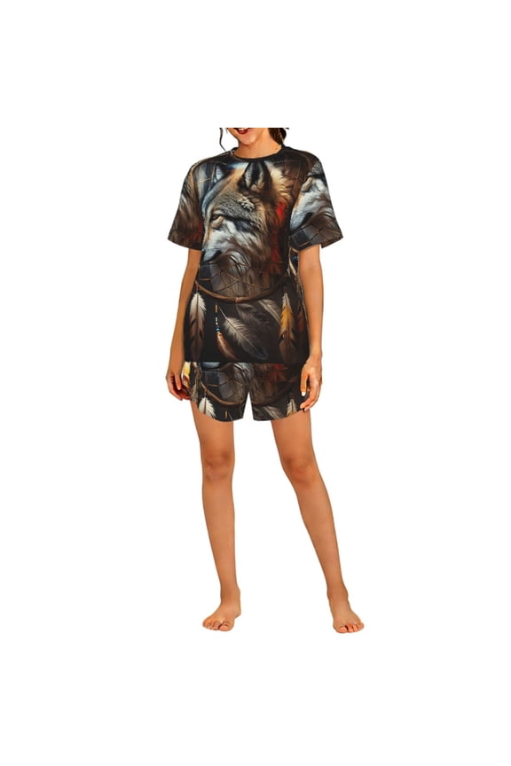 Womens Pajamas Set Short Sleeve and Shorts 2 Piece PJ Sets Soft Loungewear, Dream Wolf Feather Art