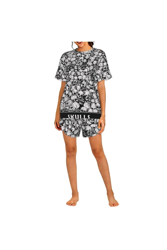 Womens Pajamas Set Short Sleeve and Shorts 2 Piece PJ Sets Soft Loungewear, Skulls Head Gothic Skull