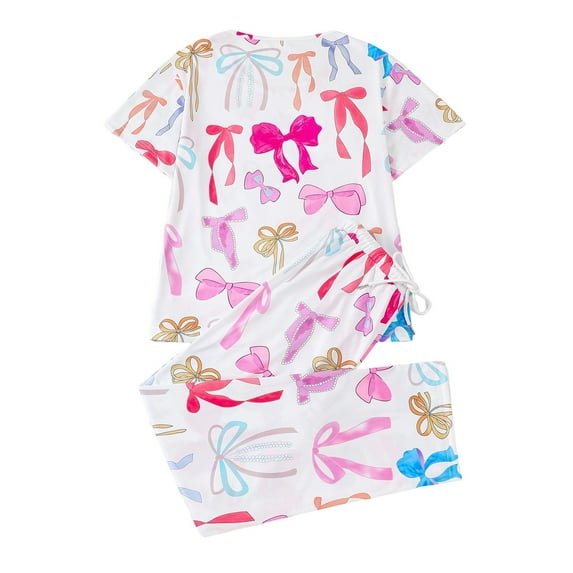 Womens Pajamas Set Soft Loungewear Bow Printed Short Sleeve Top and Long Pants Two Piece Outfit