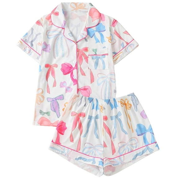 Womens Pajamas Set Soft Sleepwear Bow Printed Short Sleeve Top and Shorts Two Piece Outfit