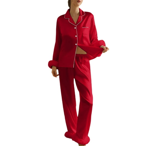 Womens Pajamas Set with Feathers Long Sleeve Button-Down Tops Pants Womens 2 Piece Pajama Sets Cute Pajama Set