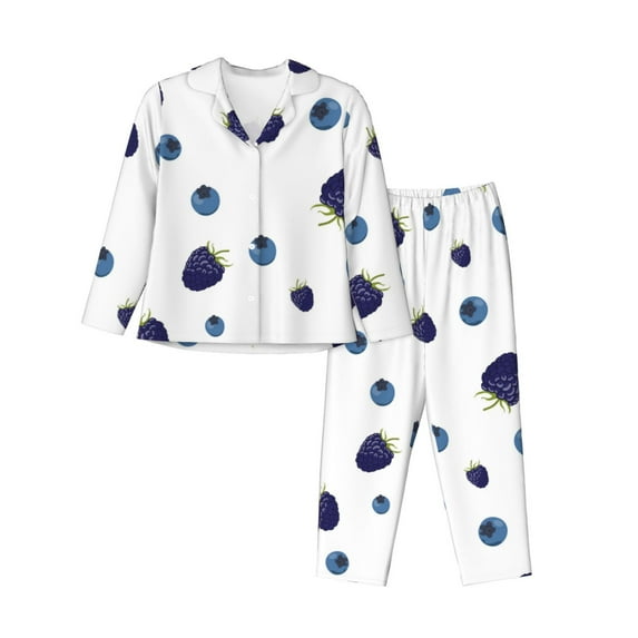 Womens Pajamas Sets 2 Pack - Blueberry Print berries Long Sleeve Sleepwear Lounge Sets Soft Button Down PJ Sets