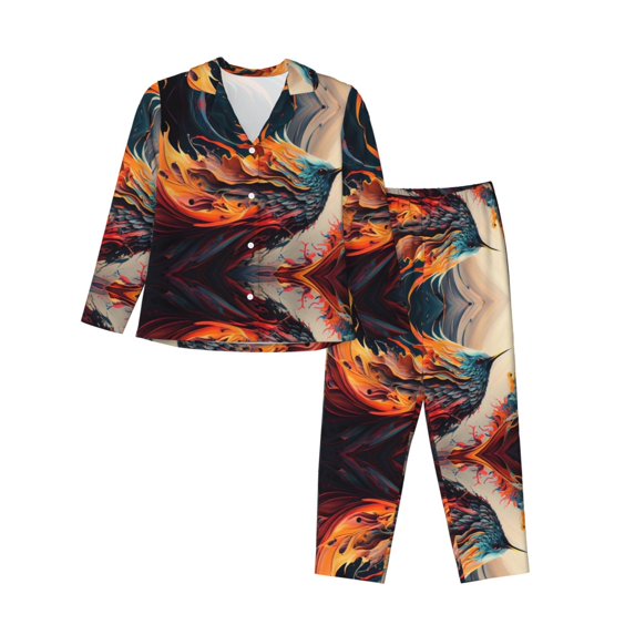Womens Pajamas Sets 2 Pack - Dynamic Fire Bird Art Long Sleeve Sleepwear Lounge Sets Soft Button Down PJ Sets