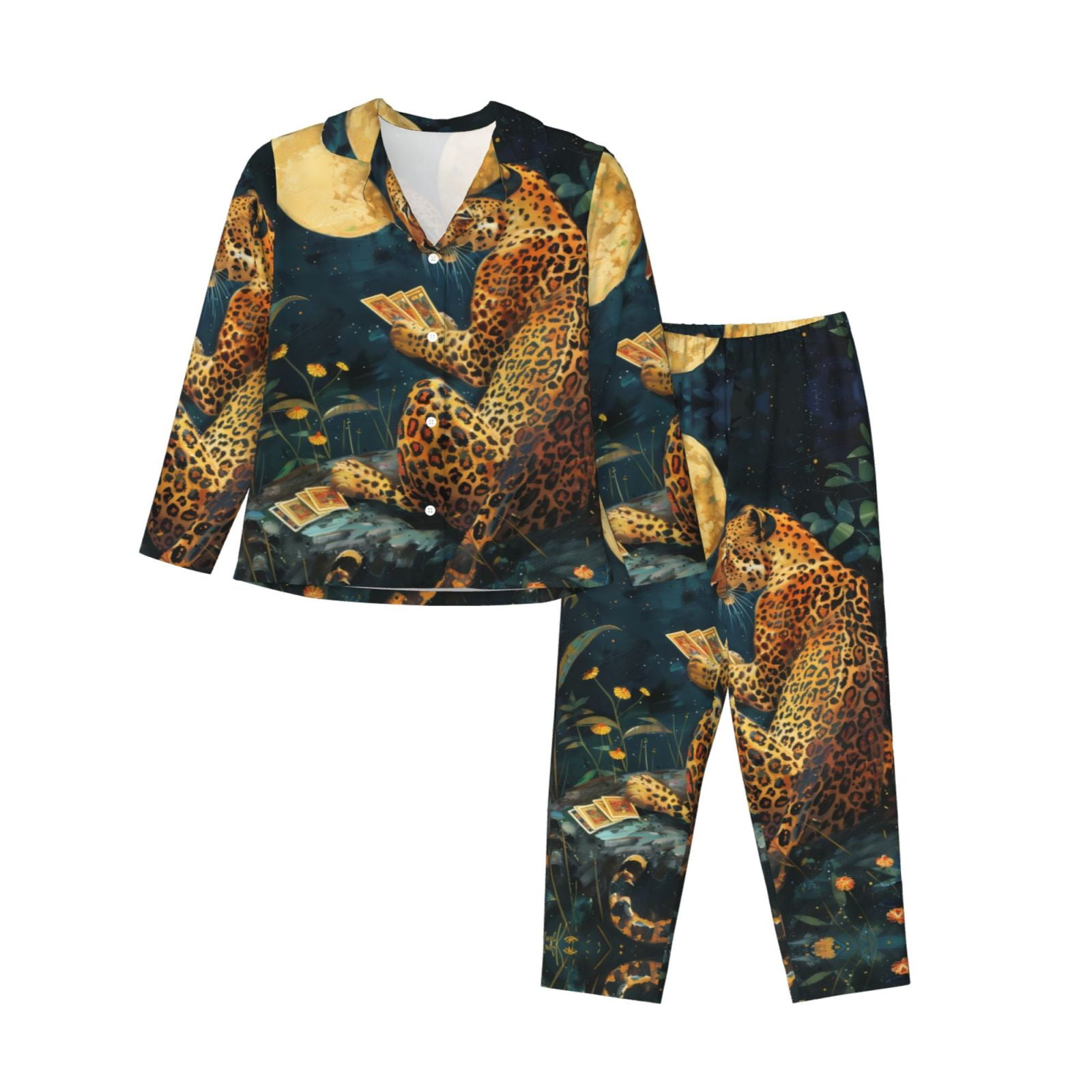 Womens Pajamas Sets 2 Pack - Leopard Reading Tarot Cards Long Sleeve ...