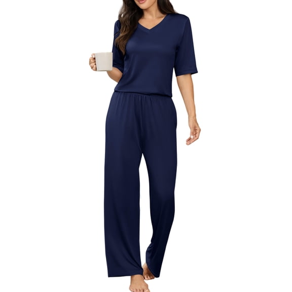 Ekouaer Womens Pajamas Sets 3/4 Sleeve Sleep Top and Pants with Pockets Soft Lightweight Sleepwear V-Neck Loungewear