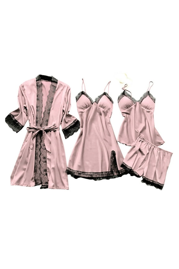 Womens Pajamas Sets 4Pcs Silk Satin Sleepwear Lace Trim Nightdress with Robe, Plus Size Boudoir Outfits Loungewear (3X-Large, Pink)