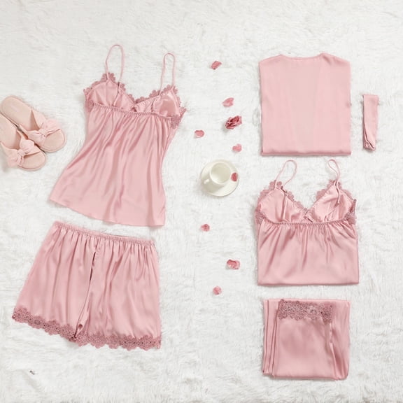 Womens Pajamas Sets 5 Piece New Fashion Women Solid Color Imitation Silk Lace Camisole Shorts Trousers Robe Five Piece Set Pajama Set Pink Xl