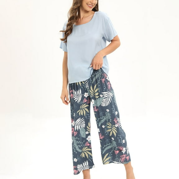 Womens Pajamas Sets Casual Round Neck Long Sleeve Tops And Pants Pj Set Loungewear Light Blue M