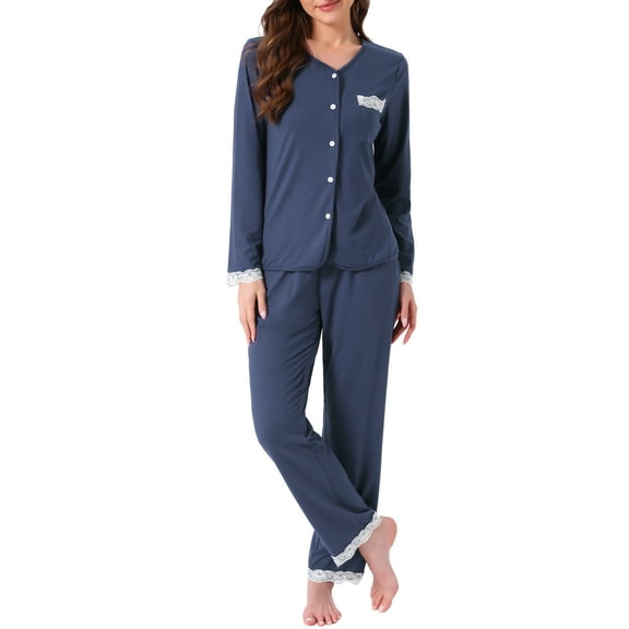 Womens Pajamas Sets Lace Trim Long Sleeve Button Down Sleepwear Elastic Waist Pant Loungewear with Pockets M Dark Blue