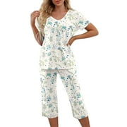 Womens Pajamas Sets Short Sleeve V Neck Top with Capri Pants with Pockets Casual Sleepwear Two Piece Summer Sets S-XXL