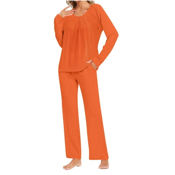Womens Pajamas Sets Solid Color Long Sleeve Top and Wide Pants Outfits Fall V-Neck Loungewear 2 Piece Sleepwear Suits (Orange S)