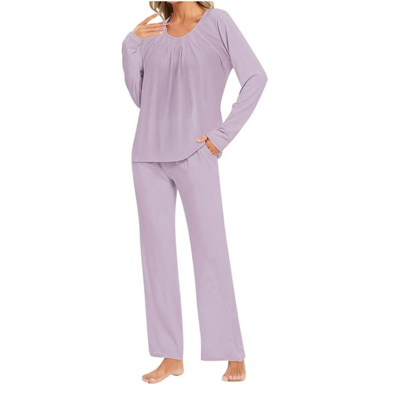 Womens Pajamas Sets Solid Color Long Sleeve Top and Wide Pants Outfits Fall V-Neck Loungewear 2 Piece Sleepwear Suits (Purple XL)