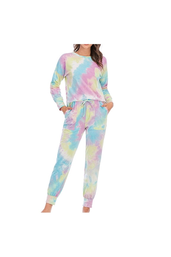 Womens Pajamas Sets Tie-dye Casual 2 Piece Crewneck Top and Tapered Leg Pants Outfits Lounge Sleep Homewear (X-Large, Green)