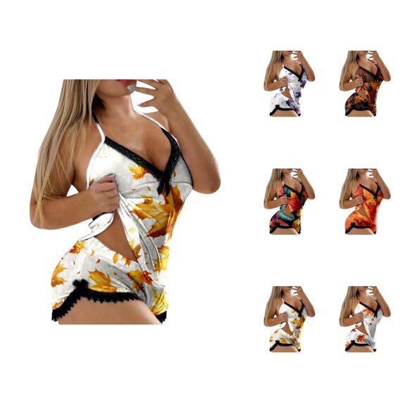 Womens Pajamas – Short Pajama Set for Summer Relaxation Women's Casual Fashion Sexy Print Sleeveless Suspender Top Shorts Thanksgiving Pajama Set Of Two