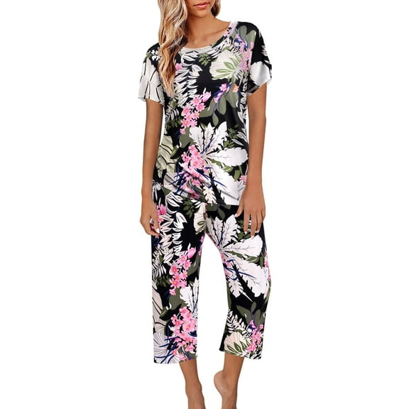 Womens Pajamas Short Sleeve Sleepwear Tops And Capri Pants Print Pajama Sets With Pockets Pajamas Suit