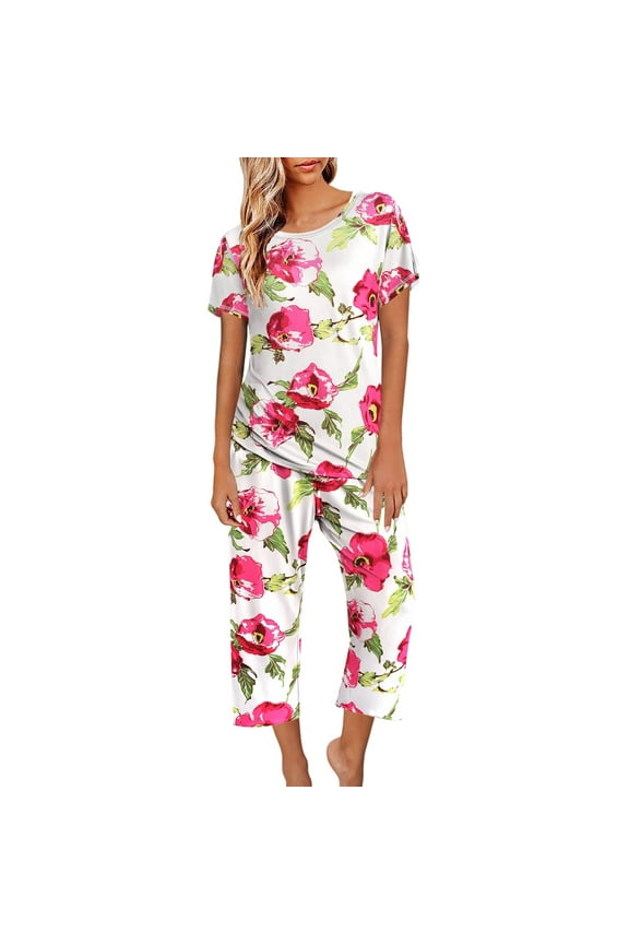 Womens Pajamas Short Sleeve Sleepwear Tops And Capri Pants Print Pajama Sets With Pockets Pajamas Suit