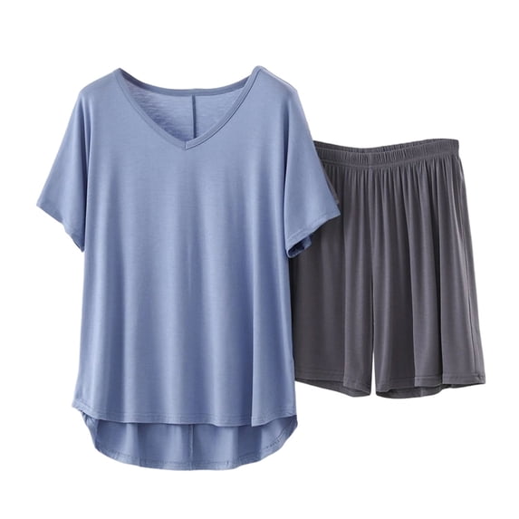Womens Pajamas Shorts Set Plus Size V Neck Tshirts Loose Cotton Short Sleeve Pjs Soft 2 Piece Sleepwear Light Blue, 4XL