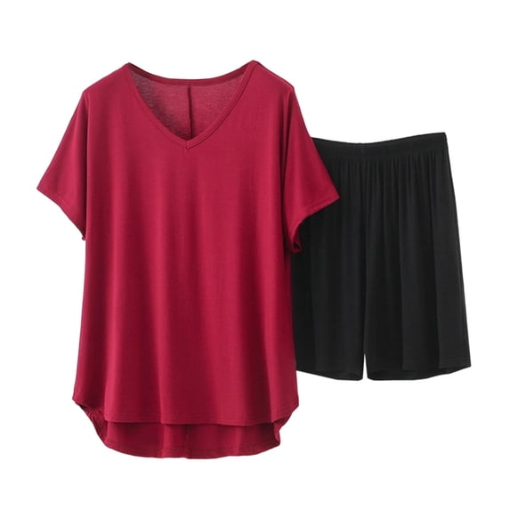 Womens Pajamas Shorts Set Plus Size V Neck Tshirts Loose Cotton Short Sleeve Pjs Soft 2 Piece Sleepwear Wine, 5XL