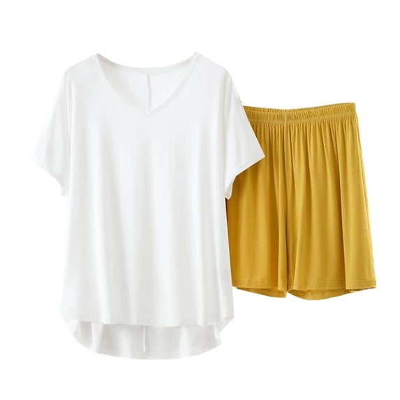 Womens Pajamas Shorts Set Plus Size V Neck Tshirts Loose Cotton Short Sleeve Pjs Soft 2 Piece Sleepwear Yellow, M