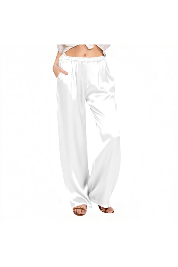 Womens Pajamas Silk Satin Wide Leg PJ Pants Casual Dressy Long Flowy Pants Elastic High Waisted Trousers