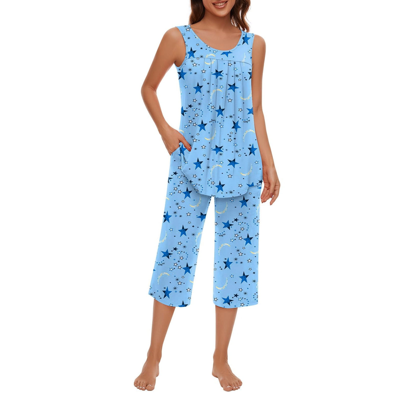 Womens Pajamas Soft Sleeveless Tank Top and Capri Pants with Pocket S ...