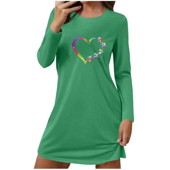 Womens Pajamas Straight Slim Sleepshirts Cute Heart Dog Paws Printed Long Sleeved Nightdress Round Neck Loose Comfortable Short Loungewear Soft Sleepwear