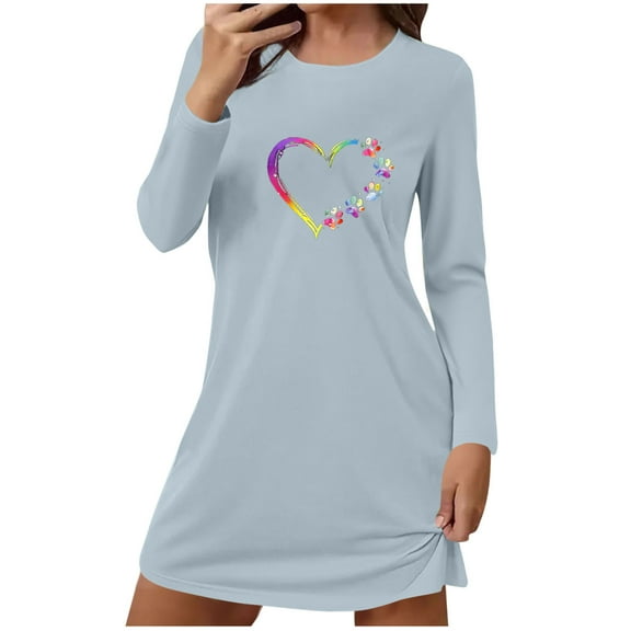 Womens Pajamas Straight Slim Sleepshirts Cute Heart Dog Paws Printed Long Sleeved Nightdress Round Neck Loose Comfortable Short Loungewear Soft Sleepwear