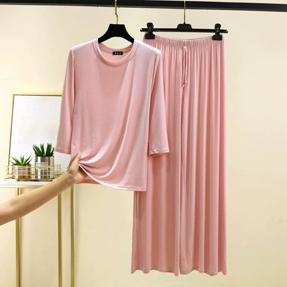 Womens Pajamas Summer Solid Color Lightweight Sleepwear with Pants Casual Crew Neck Long Sleeve Pajamas Summer Pjs for Women