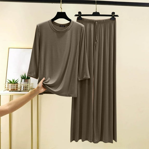 Womens Pajamas Summer Solid Color Lightweight Sleepwear with Pants Casual Crew Neck Long Sleeve Pajamas Womens Summer Pajamas
