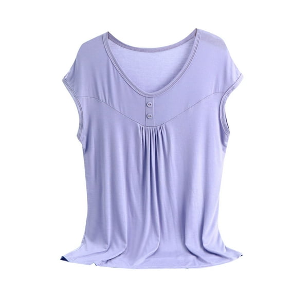 biudgviw Womens Pajamas Top Plus Size V Neck Sleep Shirt Cap Sleeve Pleated Button Pj Tee Loose Soft Pain Sleepwear Outfits