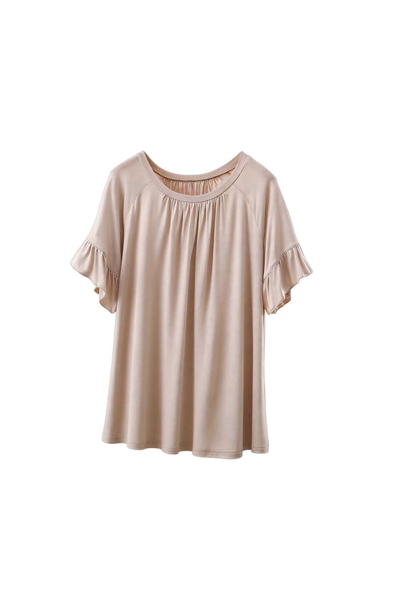 Womens Pajamas Tops Summer Ruched Ruffle Short Sleeve Loose Soft Blouse Casual Round Neck Tops Sleepwear,Beige,L
