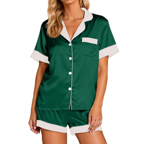 Womens Pajamas Trendy Satin Short Sleeve Button Shirt Shorts Sleepwear,Green,L