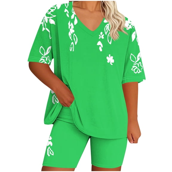 Womens Pajamas Two Piece Plus Size Lounge Sets Short Sleeve Oversized Floral Tshirt Slim Shorts Sleepwear Pjs Green, L