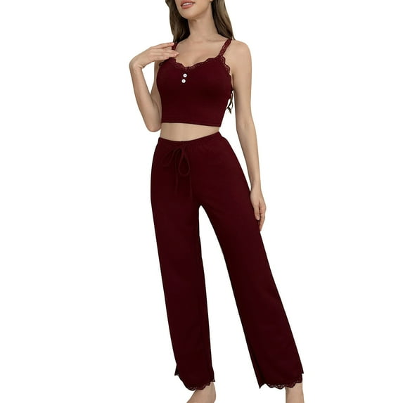 Womens Pajamas Womens Loungewear Set Ribbed Knit Pajamas Set Lace Cami Tops with Pants Sleepwear Pajama Set Nightwear 2pc Pajama Set Pajamas Set Wine L