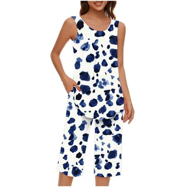Womens Pajamas in Clearance Casual Printed Sleeveless Round Neck Tank Top Cropped Trousers Set