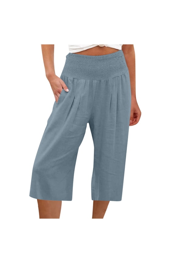 Womens Palazzo Capri Pants Boho Summer Smocked High Waist Wide Leg Casual Loose Trousers Flowy Capris