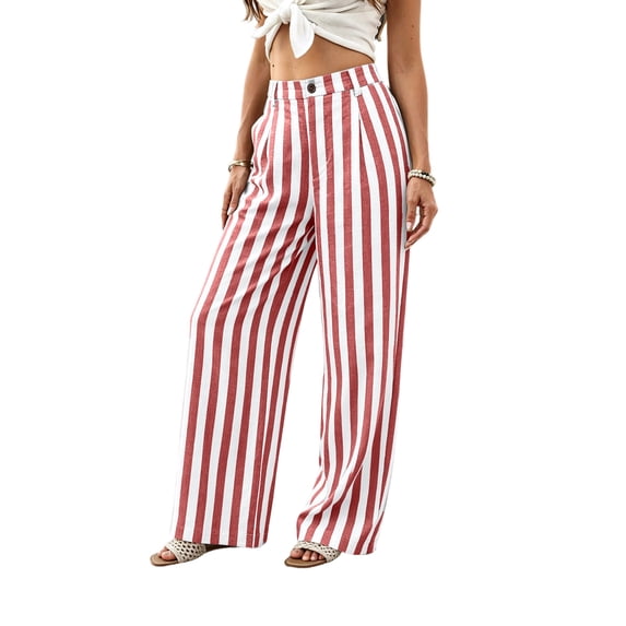 Womens Palazzo Pants 2026 Summer Linen Striped Wide Leg Trousers Elastic Waist Flowy Lounge Pant Pockets, S