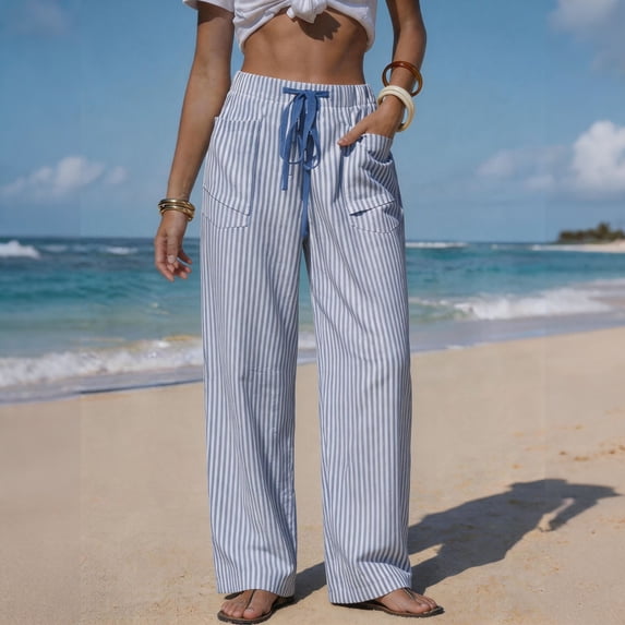 Womens Palazzo Pants 2026 Summer Striped Wide Leg Trousers Elastic Waist Flowy Lounge Pant with Pockets Blue M